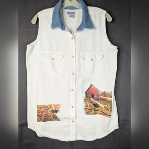 Vtg 90's Sleeveless Top Vest Womens M Cotton Country Barn Pheasants Farm Button